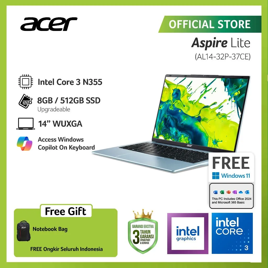 ACER LAPTOP ASPIRE LITE AL14-32P-37CE 14" WUXGA INTEL CORE 3 N355 RAM 8GB STORAGE 512GB SSD INTEL GRAPHICS WINDOWS 11