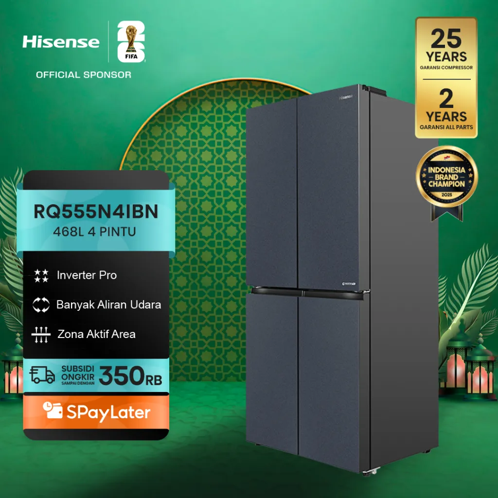 Hisense Kulkas RQ555N4IBN Refrigerator 4 Pintu Kapasitas 468L Warna Hitam Inverter Pro 360 Derajat Multi Air Flow All Zone Active Hygiene and Removable Twist Ice Maker LED Display & Gentle LED Lighting Large Capacity Freezer