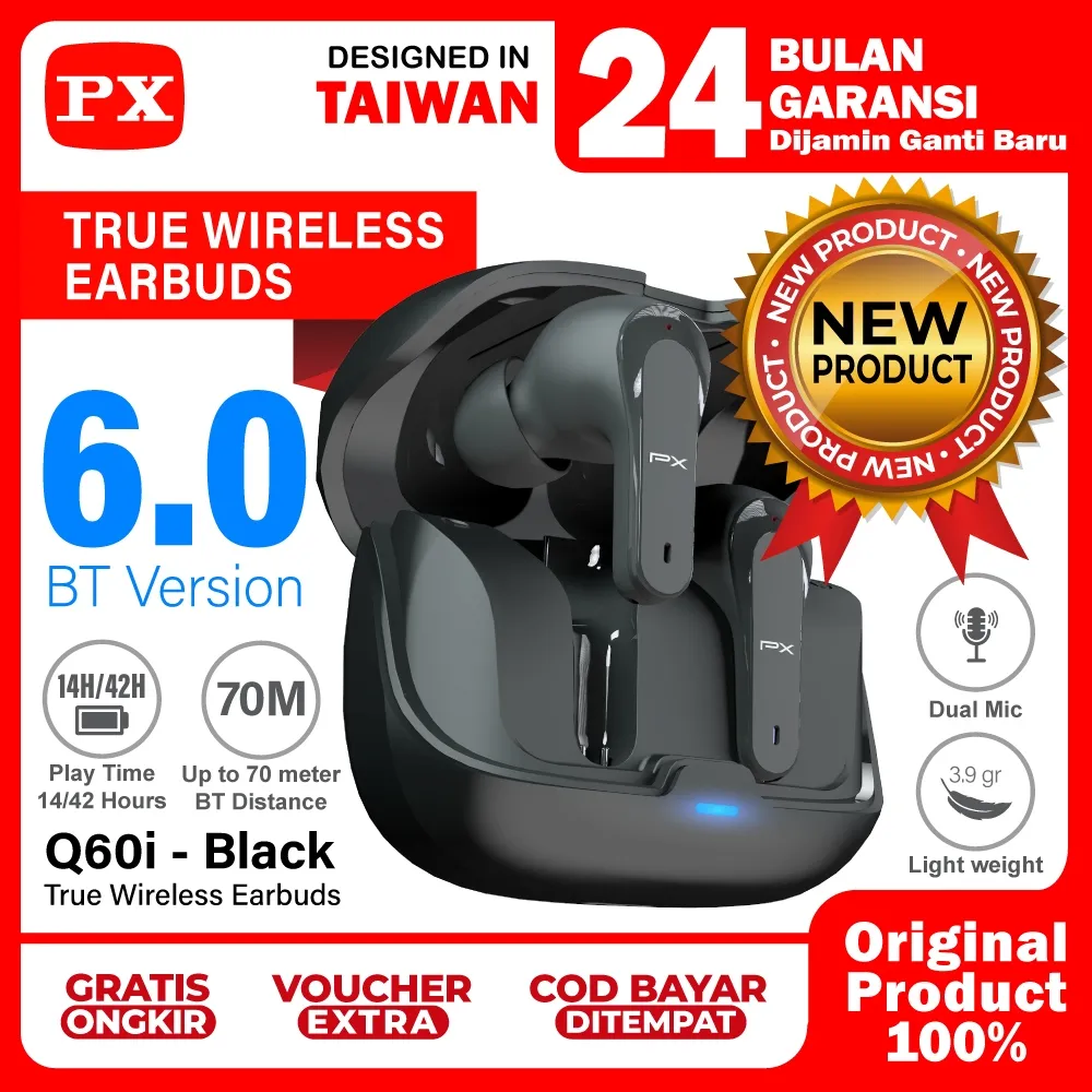 Headset TWS Earphone Bluetooth 6.0 Headphone Earbuds True Wireless PX Q60i - Black