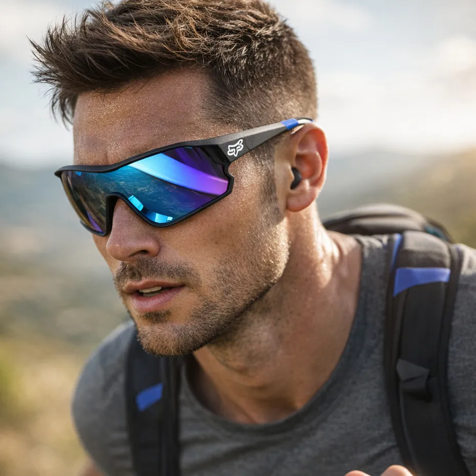 Kacamata Lari Pria Wanita Anti Silau & UV | Sport Sunglasses Outdoor Ringan Tidak Melorot Ringan & Nyaman | FOX Bike Black Blue