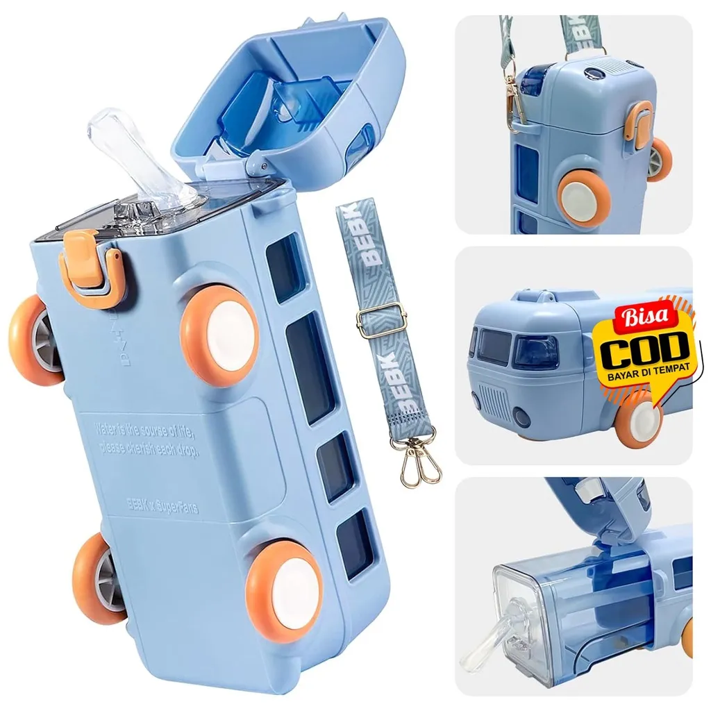 Botol Minum Anak Bentuk Bus Sedotan 500ml Tritan BEBK x SuperFans Tempat Air Minum Mainan Mobil Bis Portable Anti Bocor Baby Water Bus