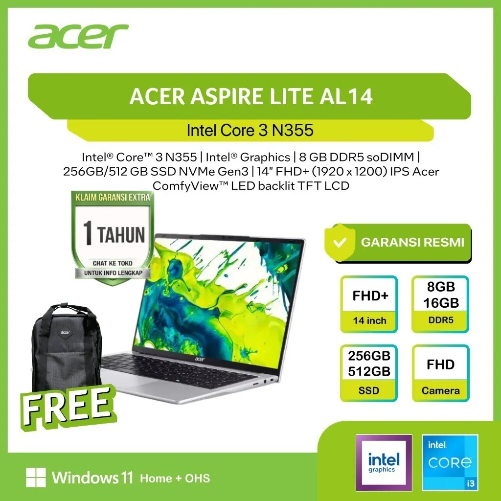 ACER ASPIRE LITE 14 I3 N355 8GB 512GB W11+OHS 14.0WUXGA IPS SLV -32P.38RE