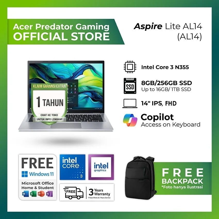ACER ASPIRE LITE 14 AL14-32P-37SA/AL14-32P-38RE CORE I3 N355 8GB 512GB WINDOWS 11 +OFFICE 14.0 WUXGA