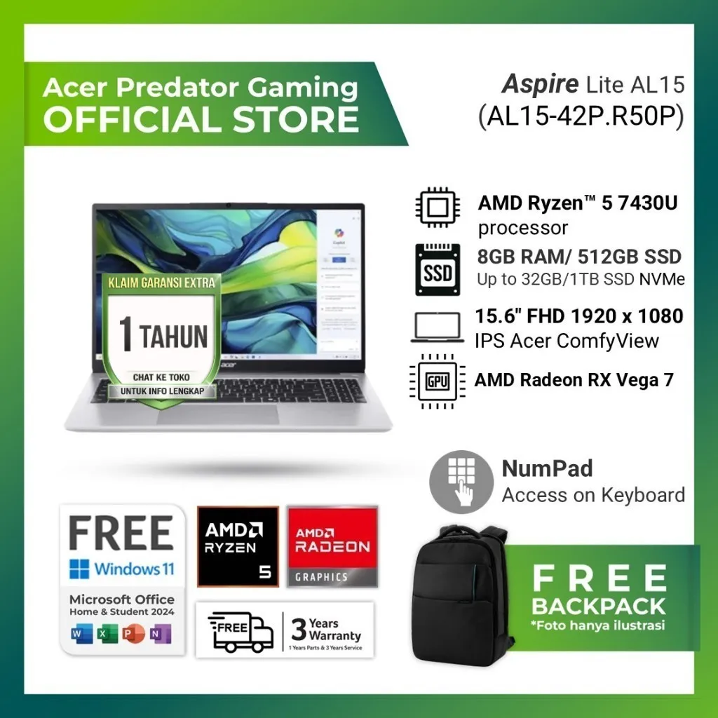 ACER ASPIRE LITE AL15-42P-R50P RYZEN 5 7430U 8GB 512GB WINDOWS 11 + OFFICE 15.0 INCH FHD IPS