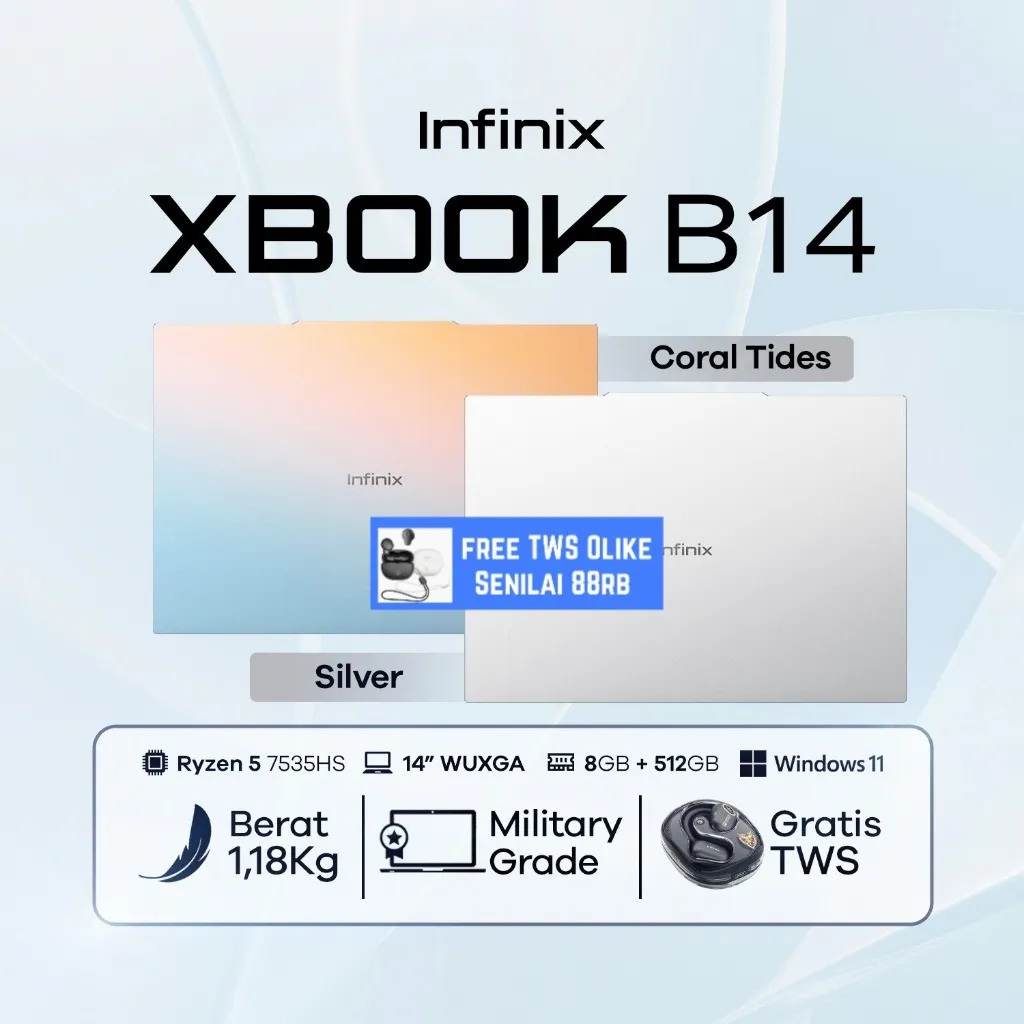 NEW Laptop INFINIX XBOOK B14 RYZEN 7 7735HS / 5 7535HS 16GB 512GB W11 14.0WUXGA IPS CORAL TIDES / SILVER - Laptop Tipis Murah Military Grade