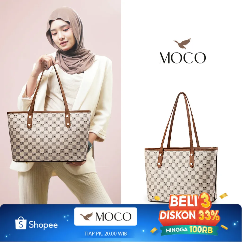 MOCO OFFICIAL - Sophia Bag Fashion Tas Totebag Wanita Besar dengan Resleting Kuliah Kerja Motif Kotak 689