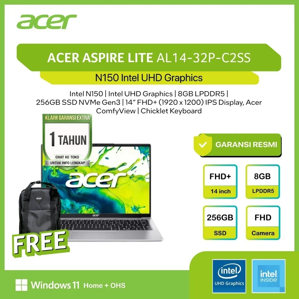ACER ASPIRE LITE 14 AL14 N150 8GB 256/512GB W11+OHS+M365B 14.0 FHD IPS BLU -37P.C3B7