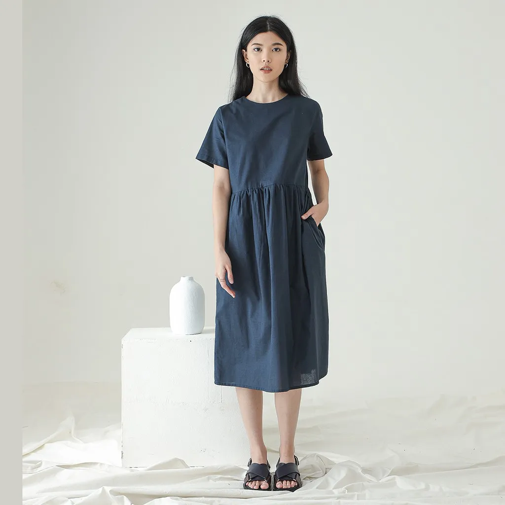 InKano Waves - Midi dress bahan katun warna Putih (berfuring), Beige, Biru tua, Coklat tua, Hitam