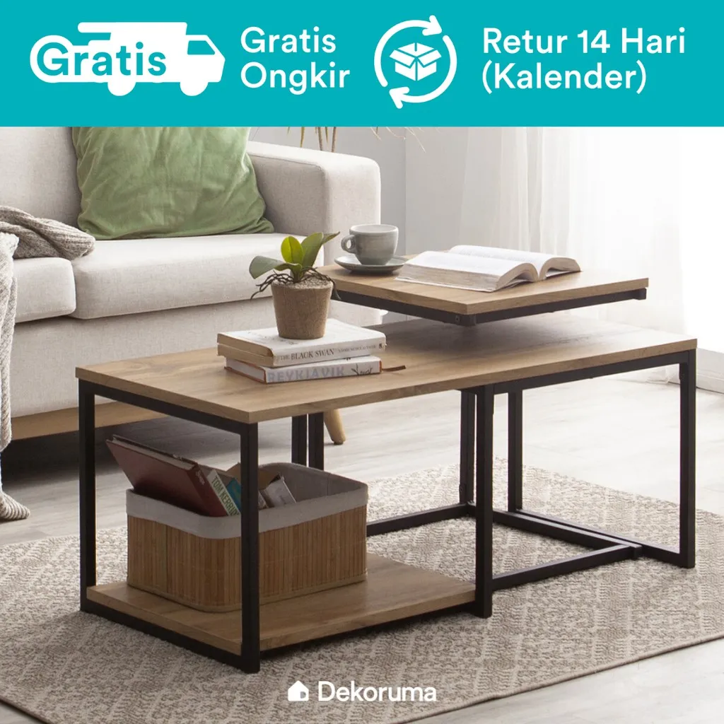 Dekoruma Kozu Set Meja Tamu Minimalis dan Meja Samping - Coffee Table and Side Table Kayu Olahan