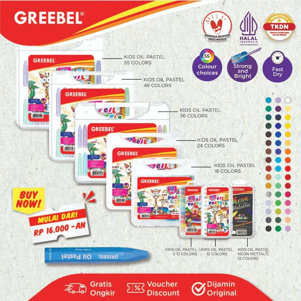 GREEBEL Crayon Krayon Kids Oil Pastel 12 18 24 36 48 55 72 Warna - Crayon Anak & Professional Non Toxic