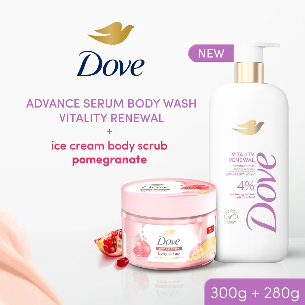 [SPECIAL SET] Dove Advanced Serum Vitality Renewal Body Wash - Sabun Mandi Cair untuk Menutrisi dan Mengatasi Tanda Penuaan Kulit 300G + Dove Ice Cream Body Scrub Pomegranate Balanced Soft Vitamin E Complex 280G - Lulur Badan untuk Meratakan Warna Kulit