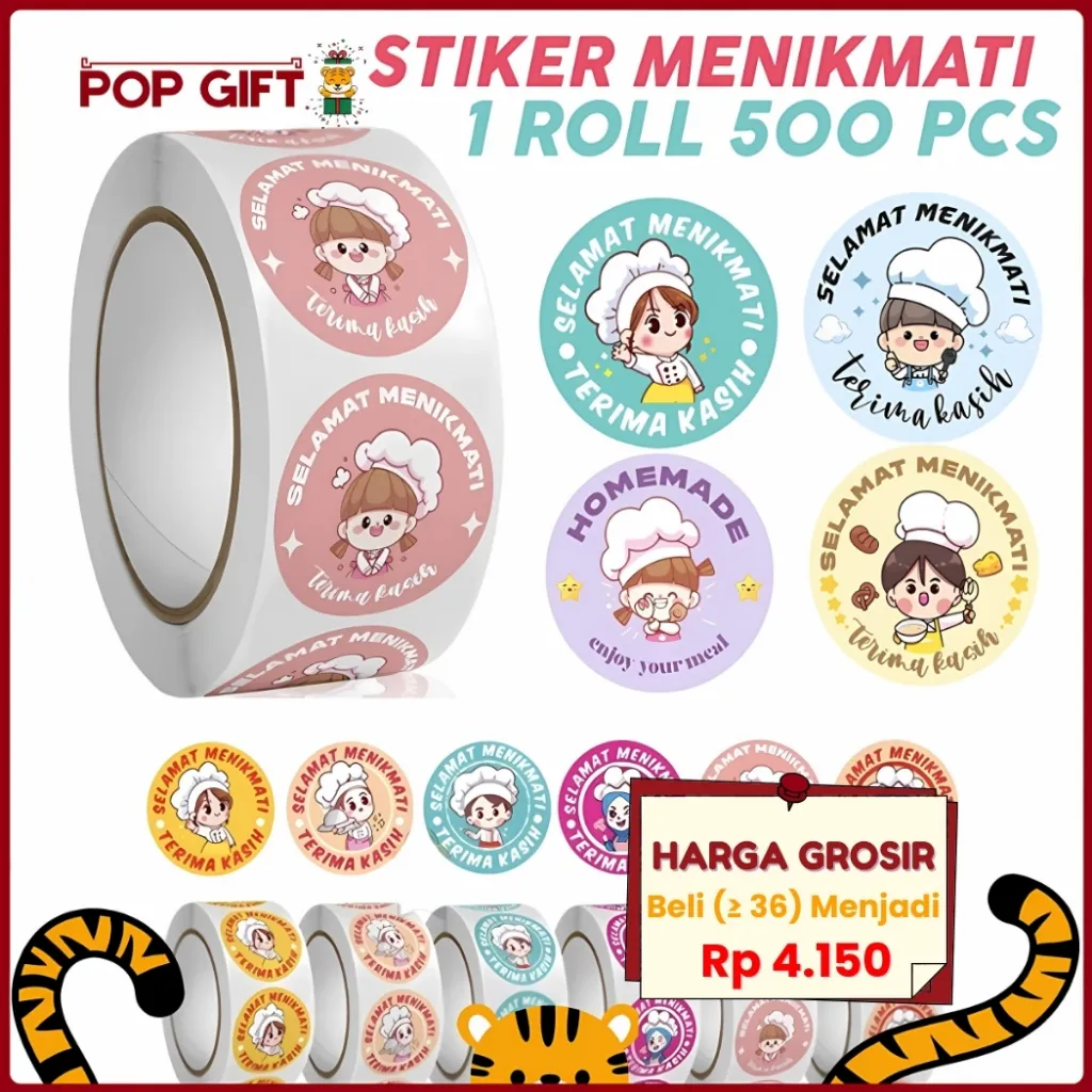 PG Stiker Roll Isi 500 Pcs Selamat Menikmati Lucu Imut Untuk Tempel Di Box Makanan Plastik Packaging
