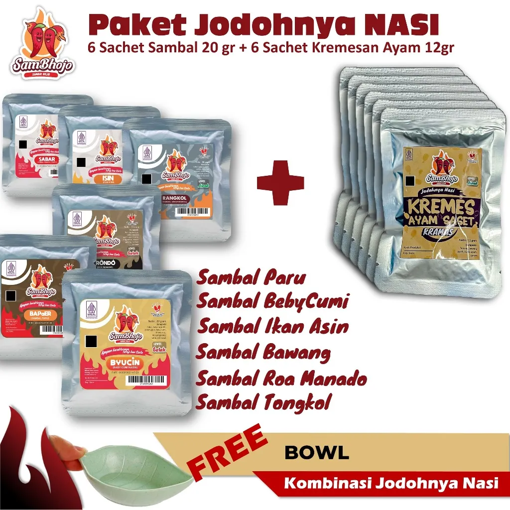 SamBhojo Paket Jodohnya Nasi - Sambal Best Seller dan Kremesan Ayam Sachet 12pc