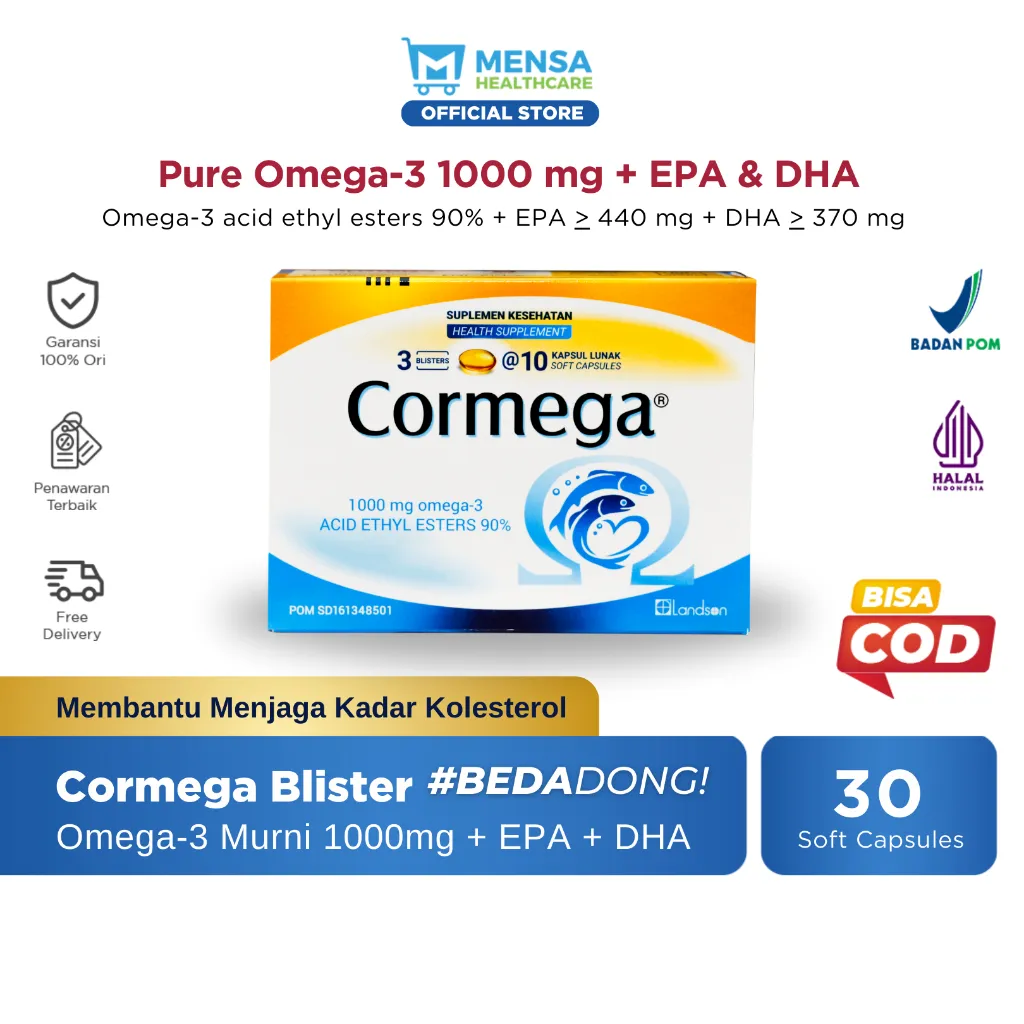 Cormega Suplemen Pure Omega 3 EPA & DHA  1 Box isi 30 Soft Capsules sachet Membantu Menurunkan Kolesterol / Penurun kadar lemak / Diet Sehat / Stroke / Suplemen Jantung