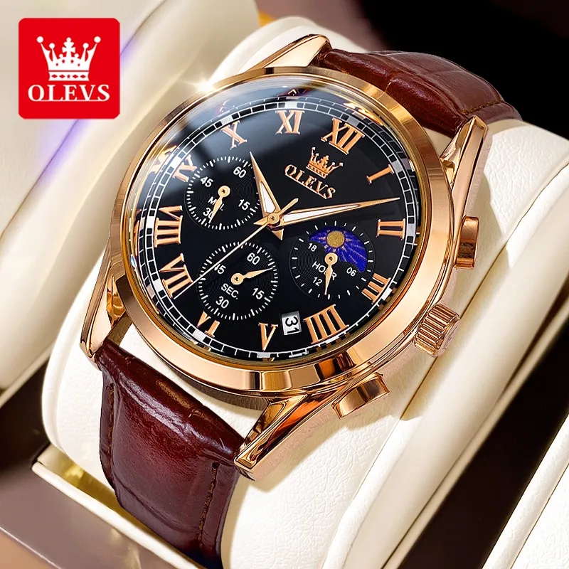 OLEVS Jam Tangan Pria Anti Air Original 100% Asli Keren Tali Kulit Tahan Luxury Chronograph Watch Men Multifungsi Hitam Coklat Cod Model 2871