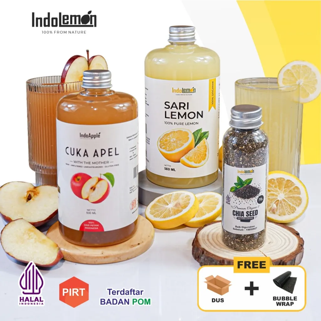 PAKET DIET DETOX 3IN1 - SARI LEMON 500ML, CUKA APEL 500ML, CHIA SEED 70GR - DIET SEHAT HALAL