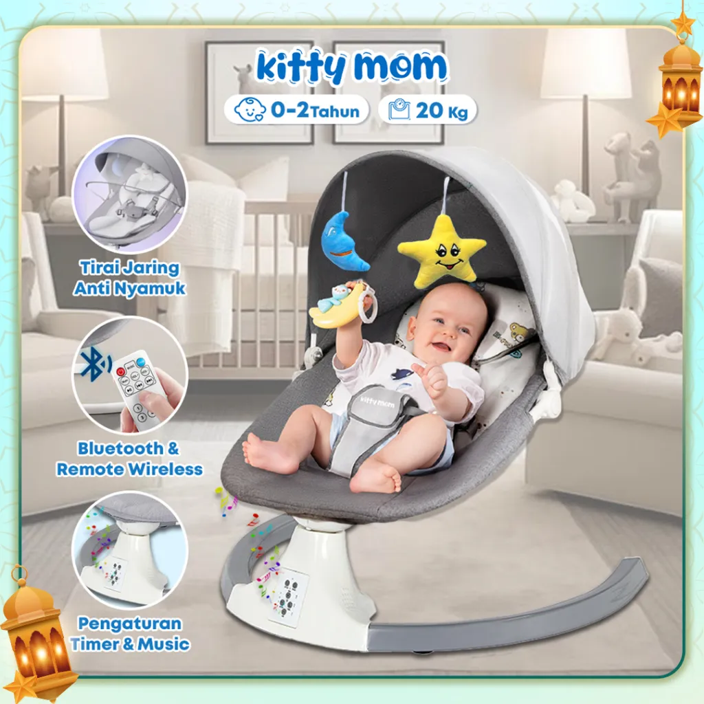 Kitty Mom - Kursi Goyang Ayunan Bayi Lipat Murah Kursi Goyang Portable dengan Remote Wireless & Music Box untuk Newborn 0-2 Tahun 50 Kg | Ayunan Bayi Elektrik | Baby Bouncer | Baby Rocking Chair