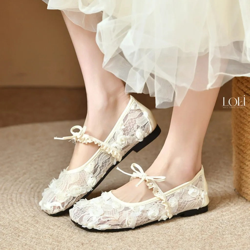 LOEI Floria Lace Mary Jane - Sepatu Wanita Flats Renda Bunga Lembut & Nyaman Dipakai 4144