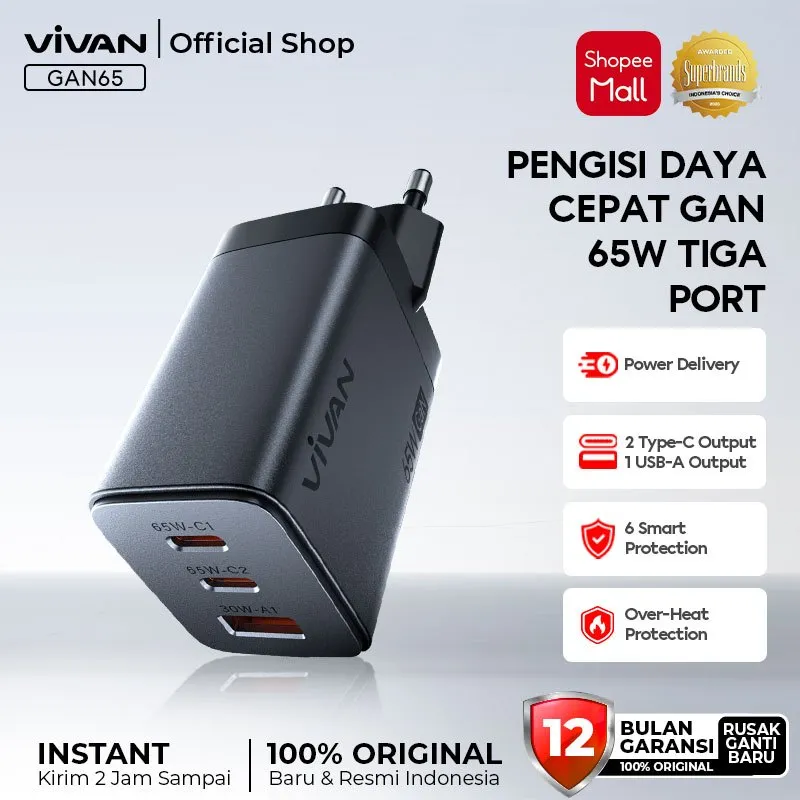 VIVAN GaN Charger 65W Fast Charging PD QC 3.0 Power C65 Travel Size 3 Output Support for Macbook/Asus/Lenovo/HP/Matebook Garansi 12 Bulan