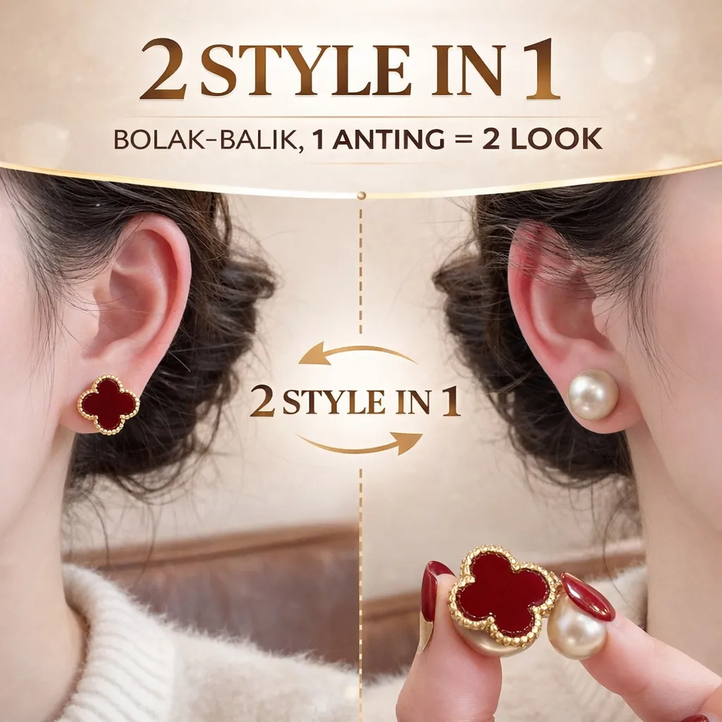 Anting Wanita Clover Pearl 2in1 | 1 Anting 2 Style | Elegan Daily Minimalis