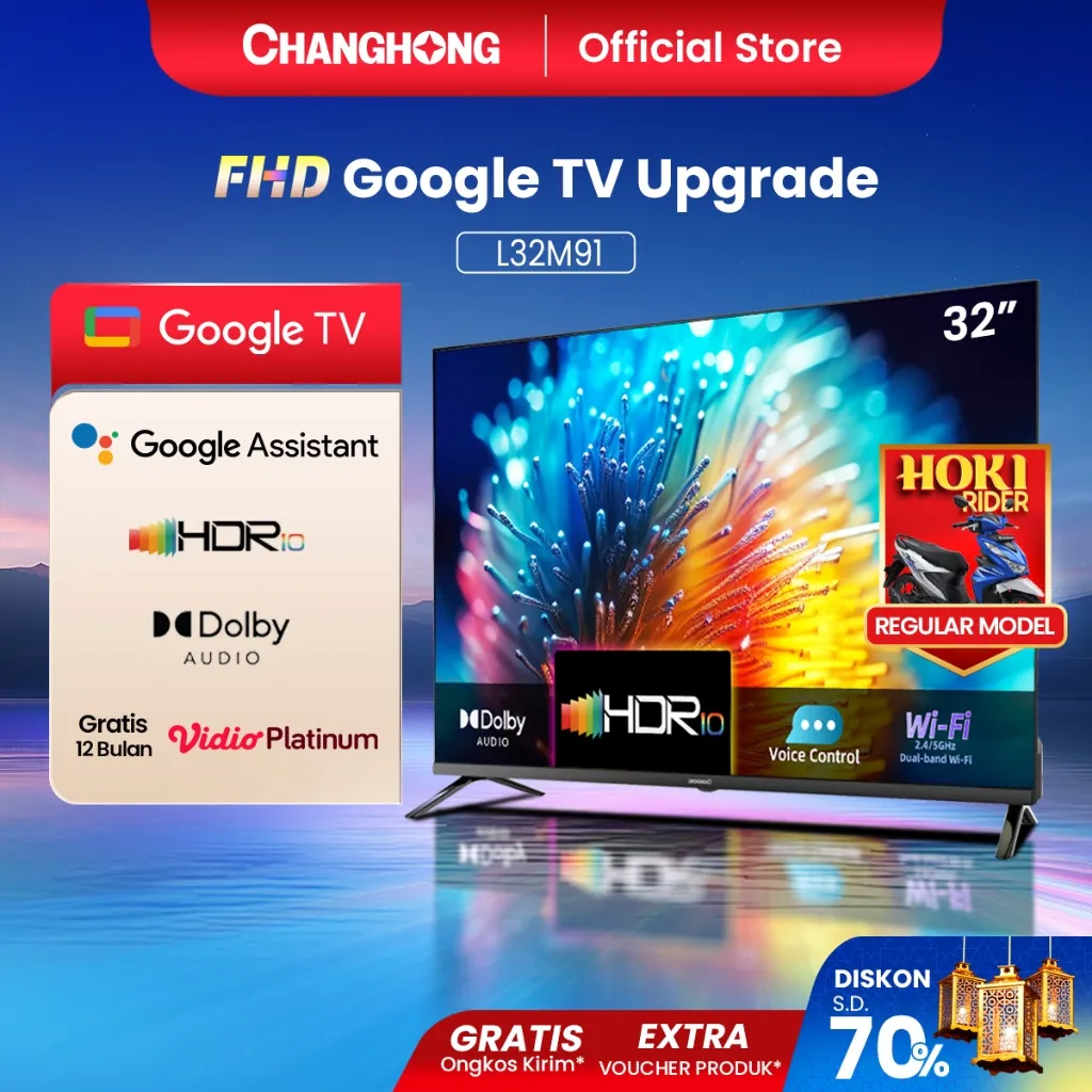 Changhong Google TV L32M91 FHD New Edition 32 inch FHD Dolby Audio Google Play Netflix Youtube Android 14 Bluetooth USB Google Assistant Smart TV Digital TV Free Vidio (L32M91 FHD New Edition)