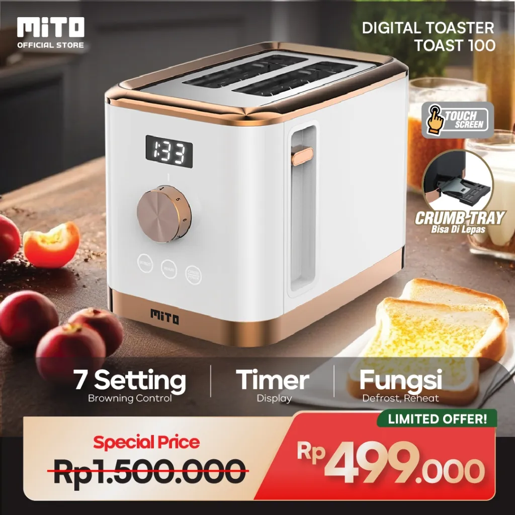 MITO Toast100 - Digital Toaster (DIGITOAST)-Touchscreen-Timer Display-7 Setting Browning Control-Reheat & Defrost-Extra Wide Slot