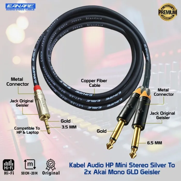 Kabel Audio HP Jack Mini AUX Stereo SLV 3.5 mm To 2x Akai Mono GLD Geisler - STANDARD JAPAN - WANG