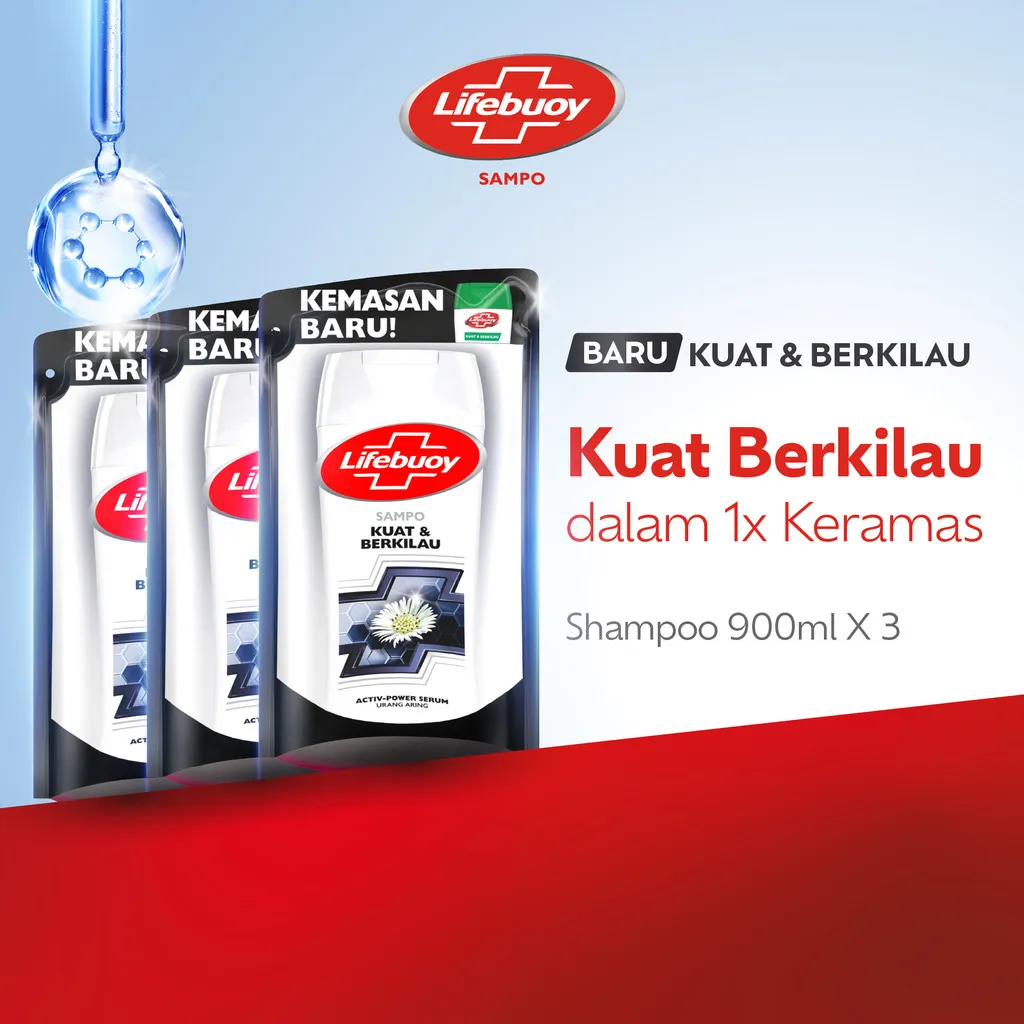 Lifebuoy Shampoo Kuat & Berkilau, Strong & Shiny Lawan Kuman Penyebab Masalah Rambut & Rambut Kusam 900ml x3