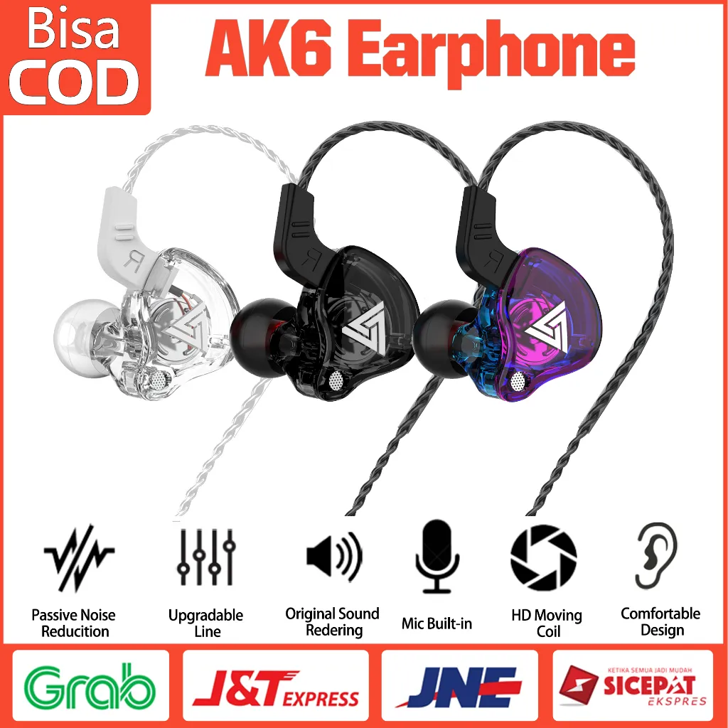 QKZ AK6 Earphone Bass Sport Gaming Headset Dengan Mic Earphone Sport Dynamic + Subwoofer Bass