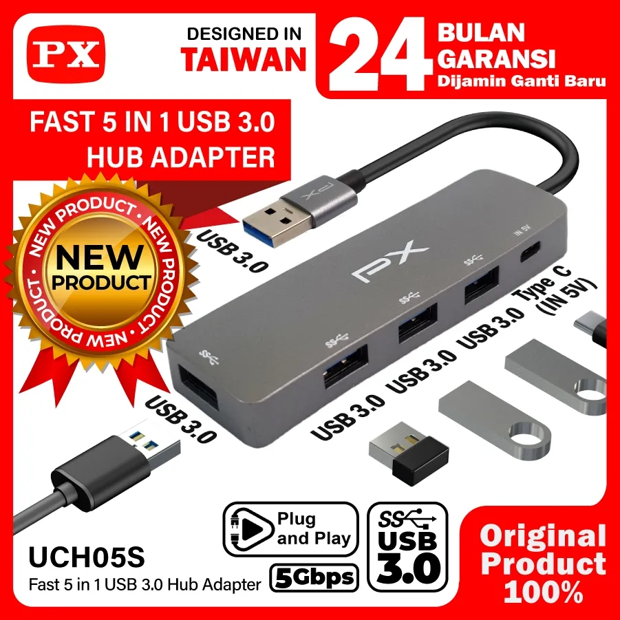 USB Hub Converter USB 3.0 Connector Adaptor Laptop 5 in 1 PX UCH05S