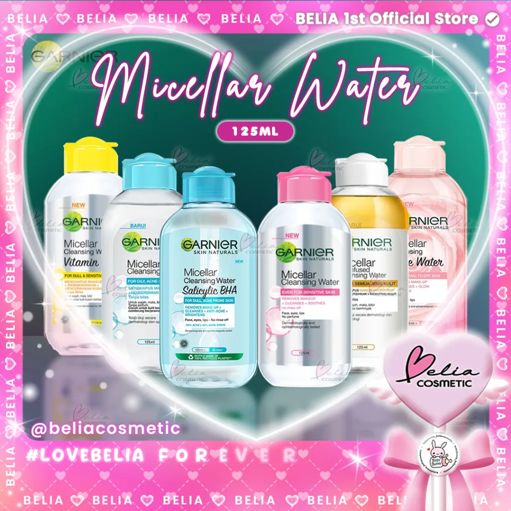 ™ BELIA ™ Garnier Micellar Water Pink | Blue Biru | Bi-phase Oil | Vit C Kuning | Rose Water 125ml