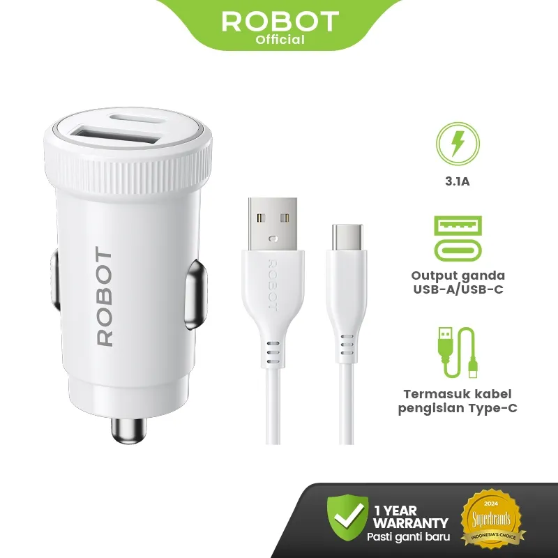 ROBOT Car Charger 3.1A Colokan Charger Mobil Dual Port Output Ganda With Type C Charger Cable Adaptor Mobil RT-C13 Original  - Garansi Resmi 1 Tahun