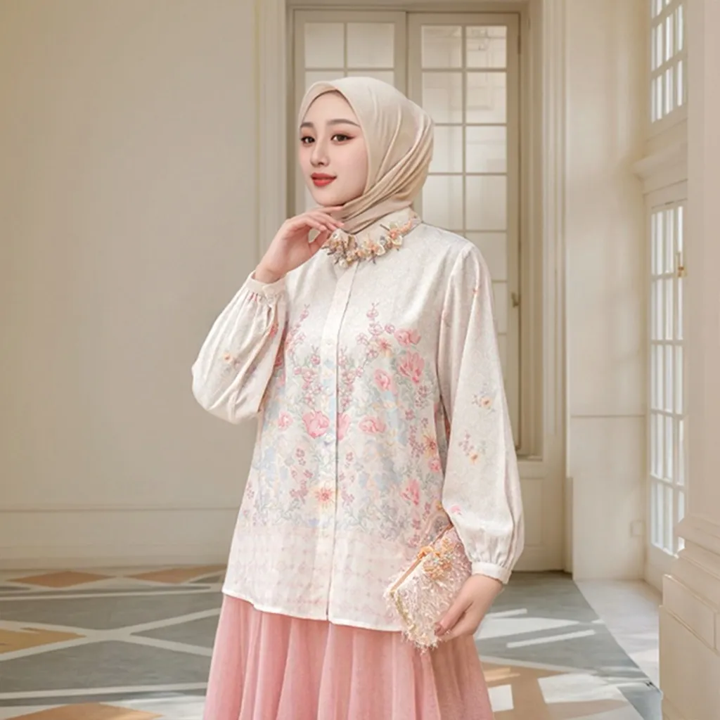 FANMU Atasan Kemeja wanita| Blouse Kasual Motif Flower Lengan Panjang
