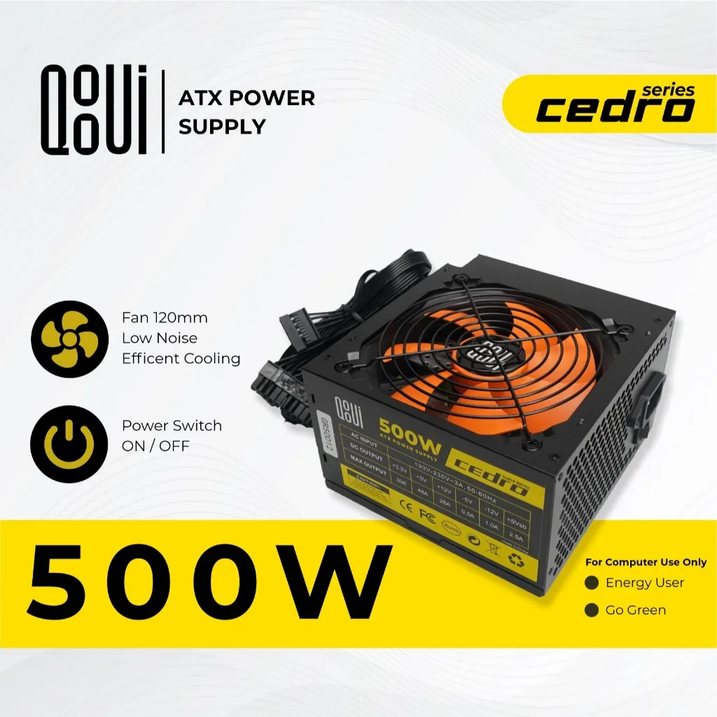 POWER SUPPLY QOOUi 500WATT FAN 12CM KOMPUTER PC DESKTOP GAMING / POWER SUPPLY ATX-500W SERIES CEDRO