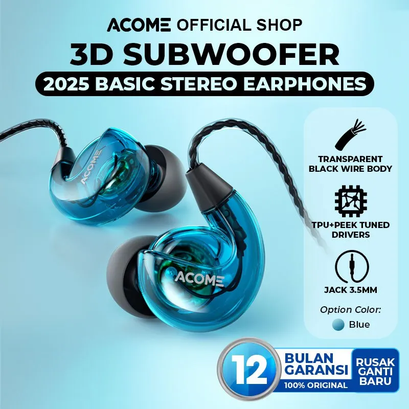 [BISA COD] ACOME 3D Subwoofer Headphone Earphone Headseat Powerfull Bass Transparent Black Wire Body ACE01 Garansi Resmi 1 Tahun