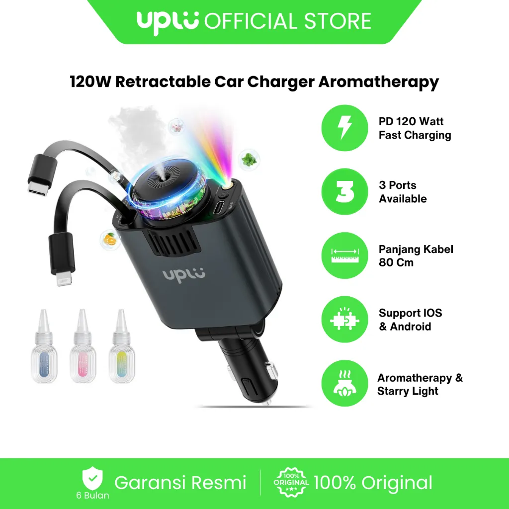 UPLU Car Charger Colokan Mobil Fast Charging Starry Light & Aromatherapy PD 120w Type C Iphone