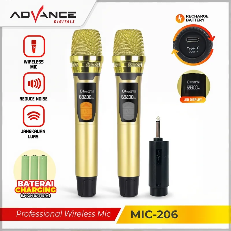 Advance Microfon Wireless MIC-206 Mic Wireless Karaoke Dual Microphone Mic Karaoke Suara Jernih Mik Emas Garansi Resmi Satu Tahun