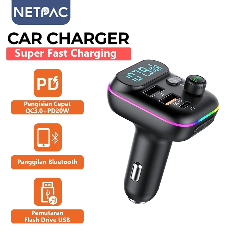 NETPAC Car Charge Bluetooth MP3 Player Receiver Fast Charging PD+QC 3.0 Car Charger USB Transmitter RGB Ori
