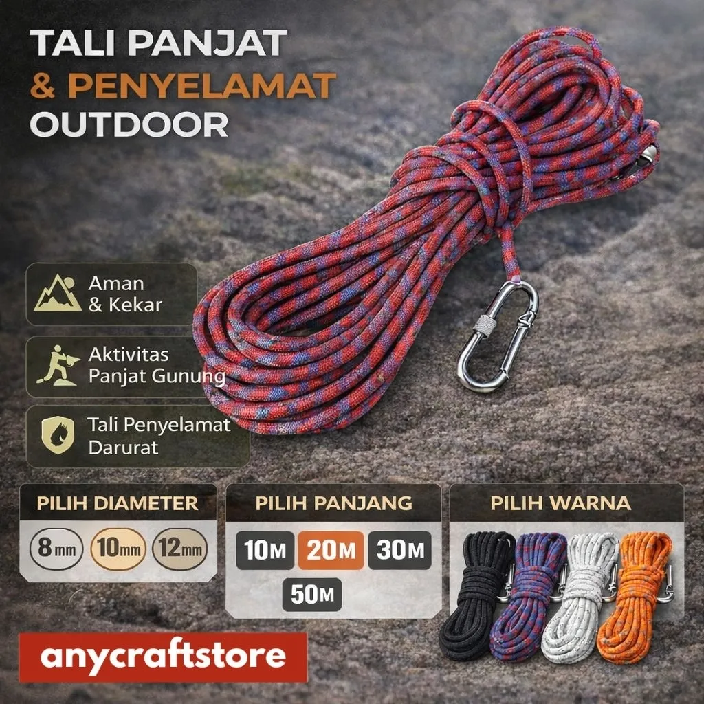 Tali Paracord Panjat Tebing 10mm 20M Steel Buckle 24KN