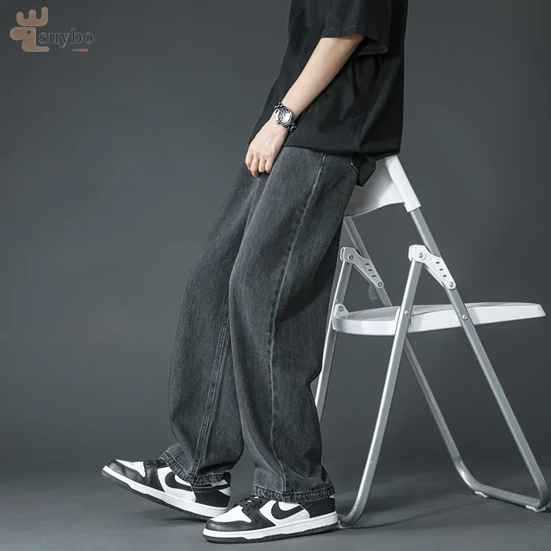 Suyboy Celana Jeans pria Basic Loose Denim Baggy Pants Wide Leg Gombrong Jeans panjang pria