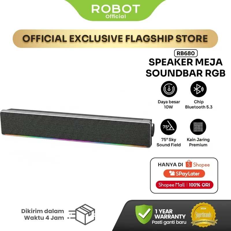 ROBOT Soundbar Speaker RB680 Wireless 5.3 Sky Sound Field 75° Dual Connection Ultra With RGB Light Design - Garansi 1 Tahun