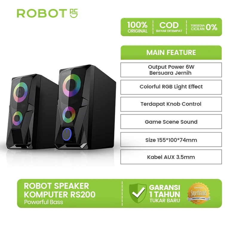 ROBOT Speaker Soundbar Gaming Speaker Komputer 3.5mm AUX Game Scene Sound RGB LED, Bass Powerfull Jernih Knob Kontrol Volume Original - RS200