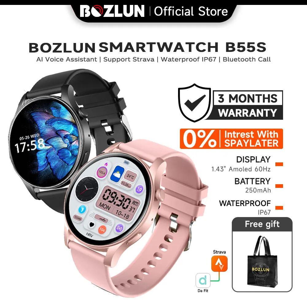 BOZLUN B55S Smartwatch Amoled 60Hz IP67 Tahan Air Jam Tangan Pria | Tahan Air Bluetooth Call | Sleep Monitor | Heart Rate Tracking Jam Wanita