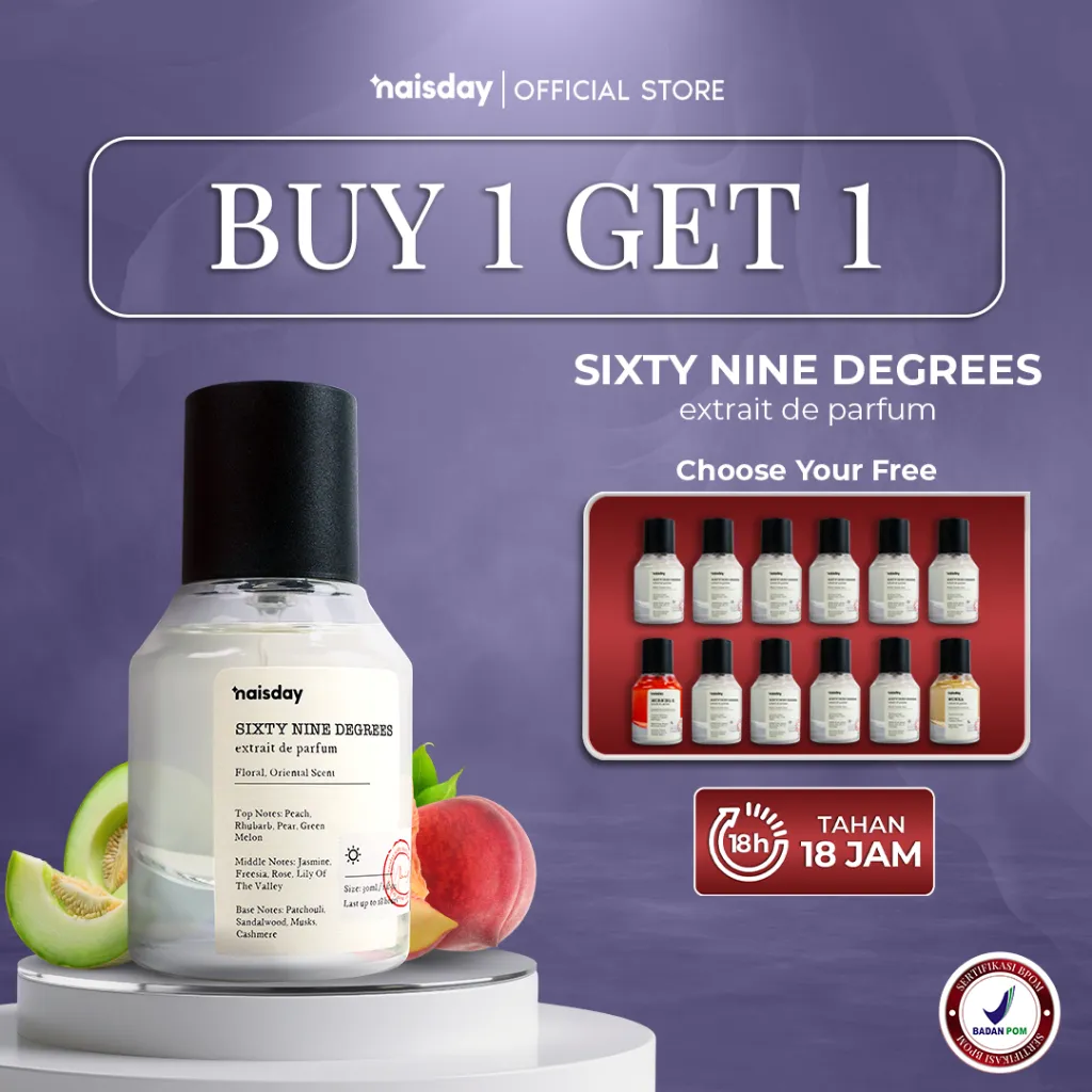 [BUY 1 GET 1] NAISDAY Extrait de Parfum Sixty Nine Degrees – Parfum Unisex Extra Long Lasting Minyak Wangi Floral Peach Tahan Lama Segar Fresh Cocok Untuk Pria Wanita 30ml