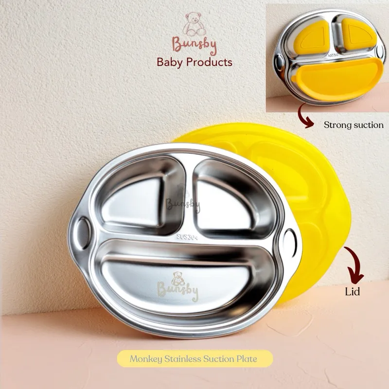 BUNSBY - Suction Plate Baby Kids /Piring Bayi Anak Stainless Steel 316 304 Sekat Dengan Tutup/Lid FOOD GRADE