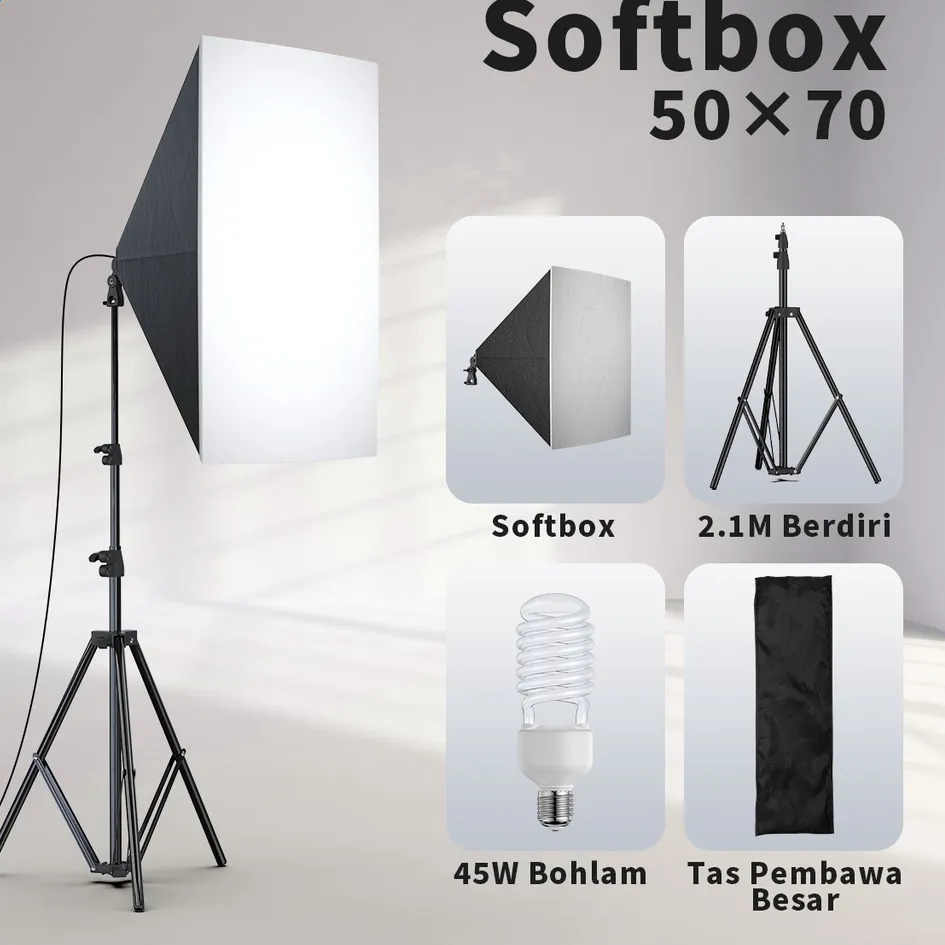PAKET Softbox Photography Lighting Kit 45W 5500K untuk Live Streaming Studio Soft Box Lighting Ring Light Fotografi YouTube Video dengan E27 Socket 50x70cm SoftBox + 2.1M Adjustable Lamp Stand + Carry Bag