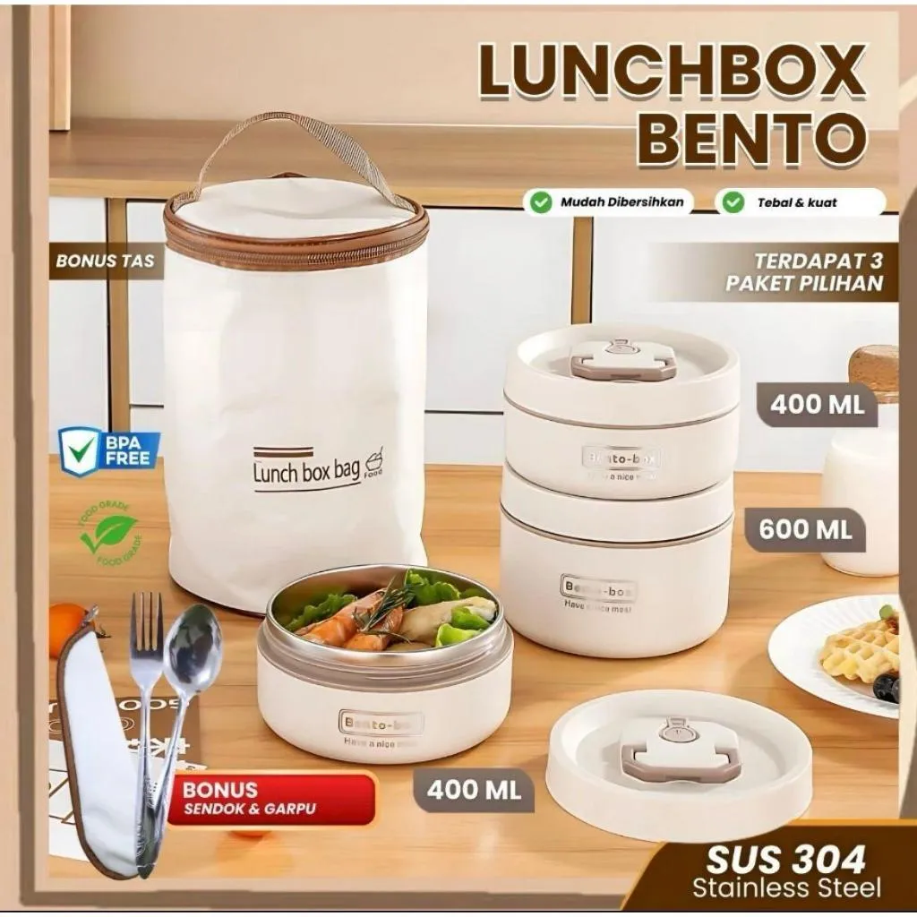 Lunch Box Set Stainless 304 / Tempat Makan Kotak Makan Lunch Box Set Stainless  Bulat Bento Portabel Tahan Bocor bentobox rantang  Container Sealed Round Stainless Lunch Box Tahan Bocor / kotak makan 1 set premium