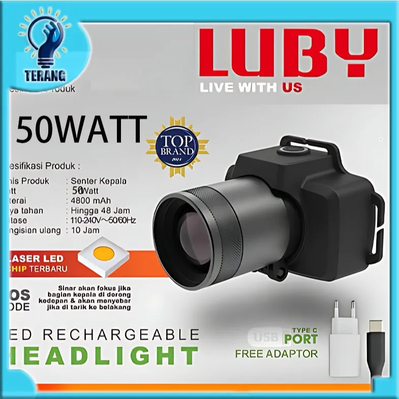 Senter Kepala Zoom Laser LUBY Jarak Jauh LED 3 Mode Cahaya