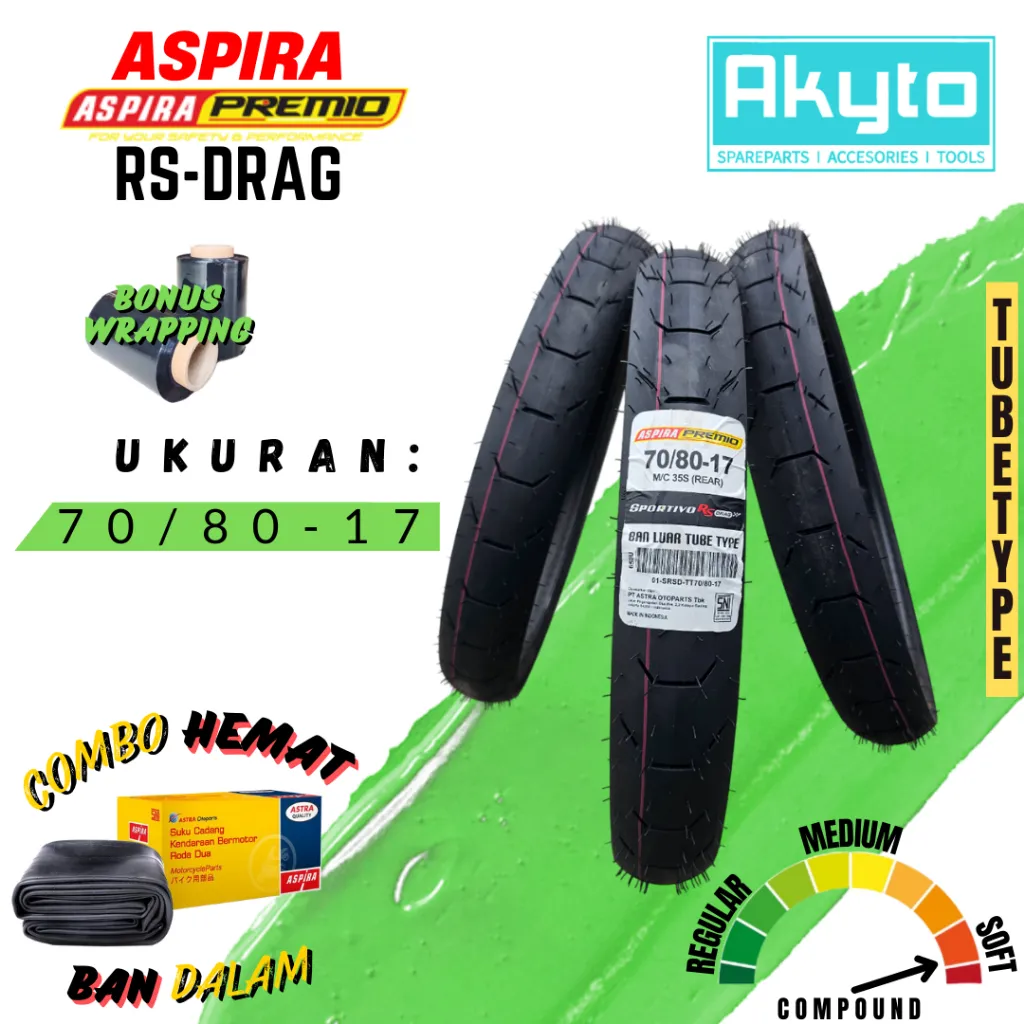 BAN ASPIRA PREMIO RS-DRAG / RSD / BAN TUBETYPE / BAN BALAP CACING / SOFT COMPOUND / BAN RACING / BAN DRAG RACE / BAN RING 17 BAN R17 / BAN LUAR / BAN MOTOR BEBEK FIZ R JUPITER KING NINJA / (70/80-17) / ALL VARIAN RSD