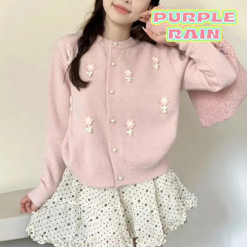 PR Cardigan Crop Lucu Round Neck Knit Cardigan Lengan Panjang Cardigan Korean Style Premium